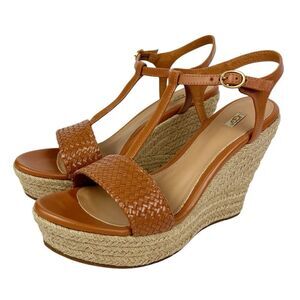 UGG Fitchie II Espadrille Wedge Sandals Brown Woven Leather T Strap Size 9